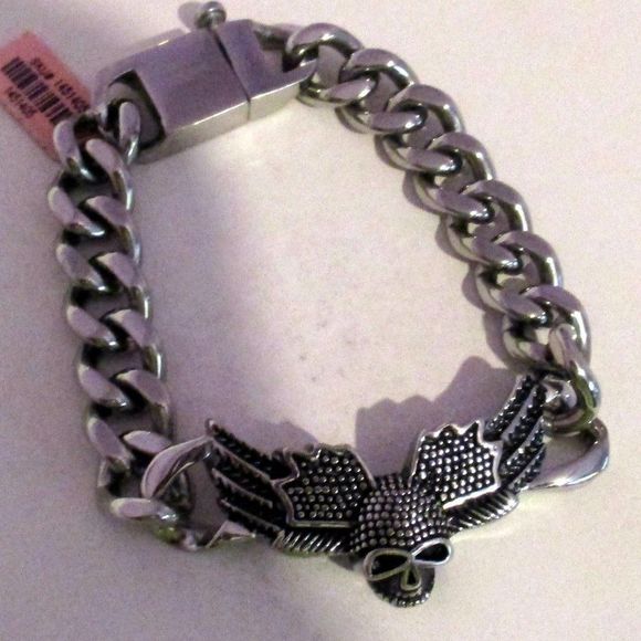 Skull Biker Link Bracelet Stainless Steel - Picture 1 of 3